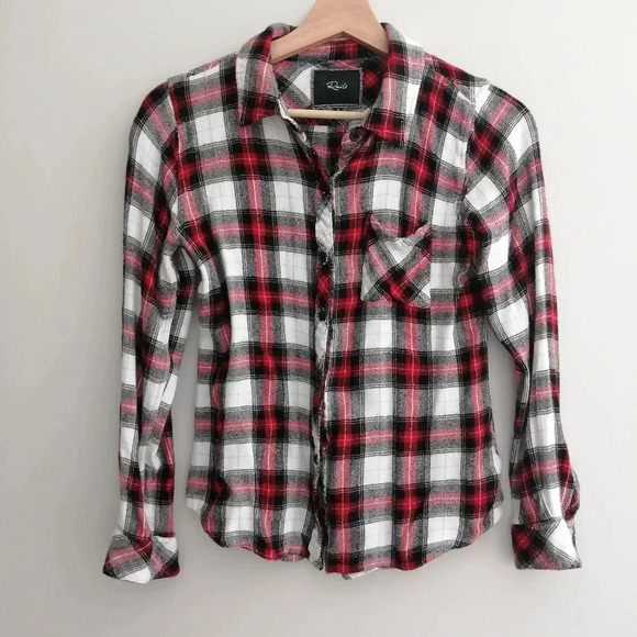 Rails Hunter Plaid Button Up Black White Red Brushed Rayon Small (XS/S) - Picture 2 of 15